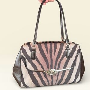 Coach Madison Small Madeline East West Satchel Zebra Print Fabric Brown Leather